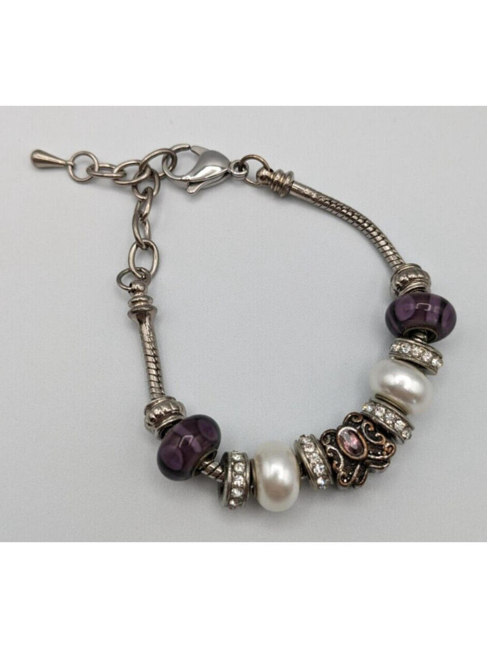 Bella Perlina Butterfly Purple Pearl Charm Bracelet, Adjustable